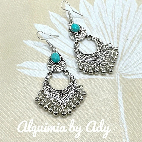 Chandelier turquoise drops silver statement dangle earrings southwestern boho - Picture 1 of 7